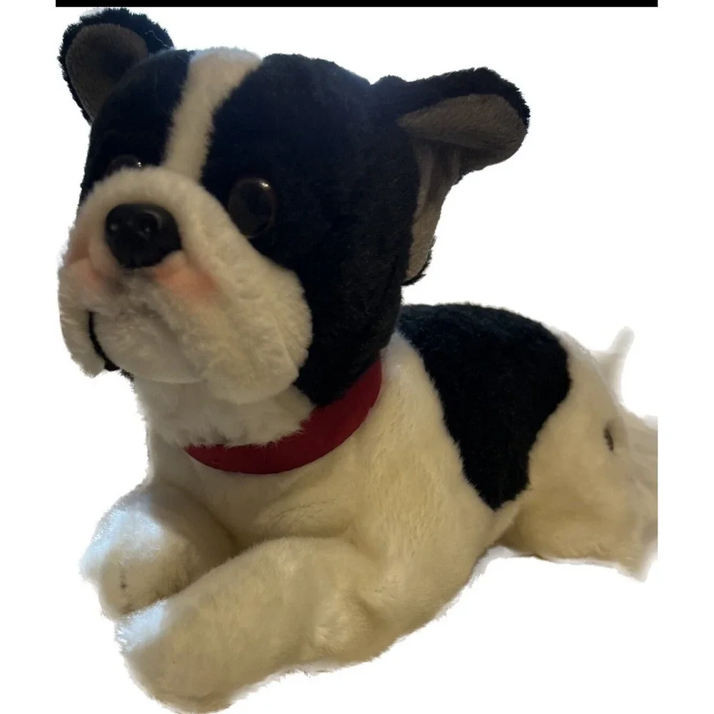 FAO Schwarz French Bulldog Plush Stuffed Animal Black White Red Collar 2018